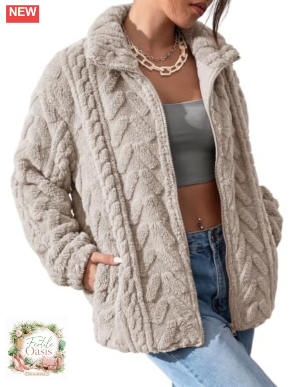 Women's Fuzzy Fleece Zip-Up Jacket with Pockets Stand Collar Oversized